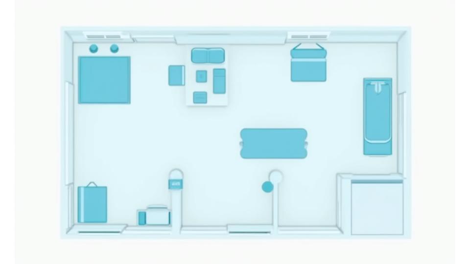 An interactive, color-coded floor plan illustrating different fitness zones within an apartment gym, showing a cardio zone, strength zone, and a yoga/stretching area for multiple users.